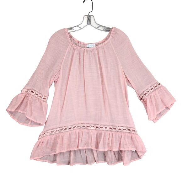 New Directions Women's L Pink Semi-Sheer Bell Sleeve Peasant Top Blouse Boho - Picture 1 of 6
